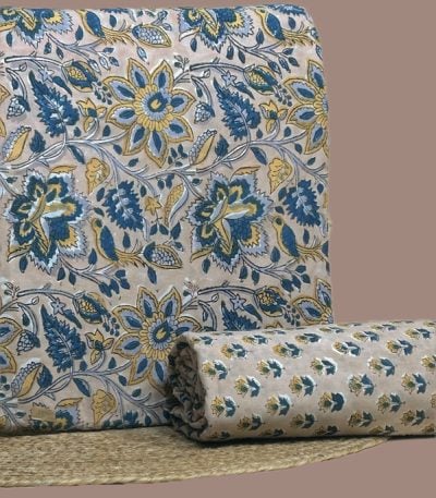 Gray Floral blockprint cotton with blue and yellow jaal florals