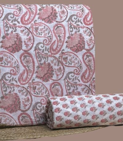 White Floral blockprint cotton with pink paisley florals