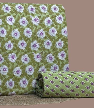 Green Floral blockprint cotton with white and purple florals