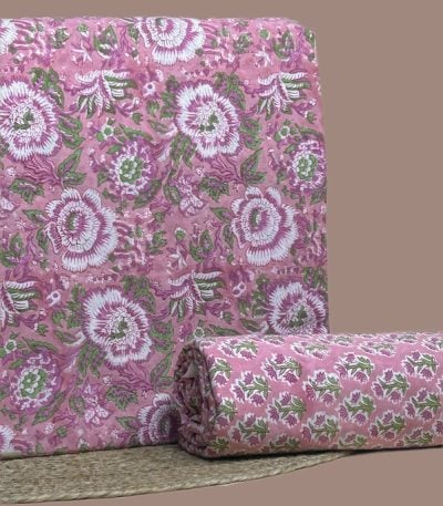 Pink Floral blockprint cotton with white and purple roses