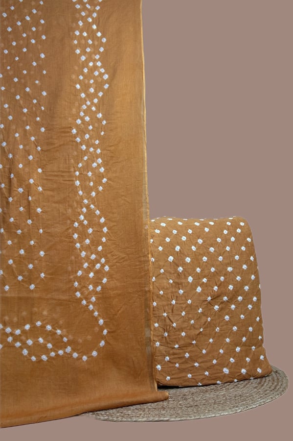 Brown - 2pc Bandhani Dupatta and Bandhani Top Fabric Set Brown bandhani cotton dupatta with wave dot pattern and dotted bandhani top.