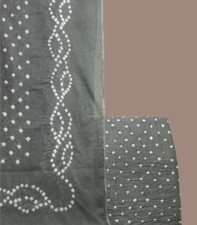 Gray bandhani cotton dupatta with wave dot pattern and dotted bandhani top.