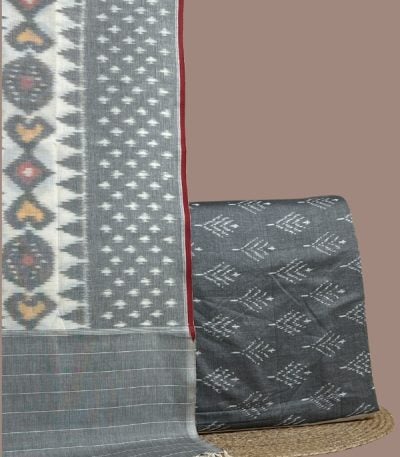 White and gray pochampally ikkat dupatta with matching gray ikkat top.
