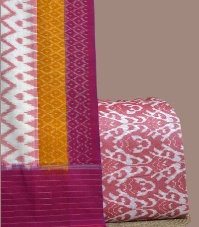 Multi-panel pink and orange ikkat dupatta with intricate pink ikkat top.