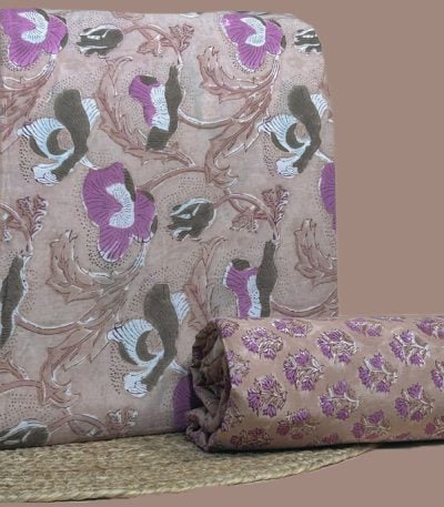Dusty pink Floral blockprint cotton with purple florals