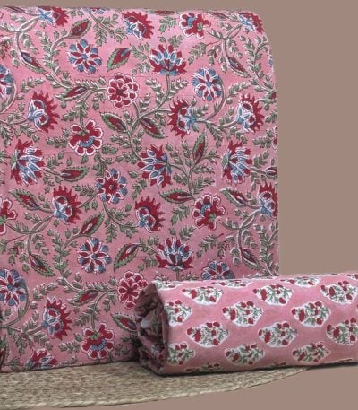 Pink Floral blockprint cotton with red and blue florals