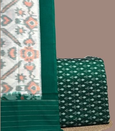 White ikkat dupatta with orange motifs and green border