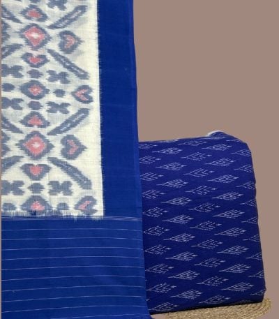 White ikkat dupatta with blue and pink motifs