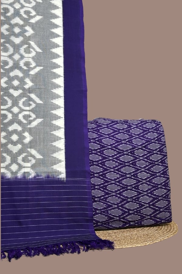 Gray ikkat dupatta with purple temple border