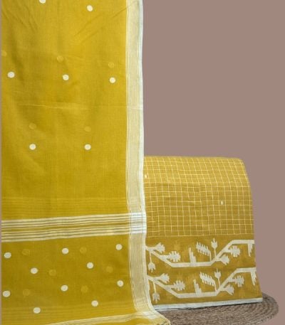 Yellow handloom jamdani buti dupatta with check top and intricate woven jamdani border.