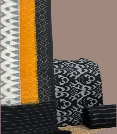 Multi-panel ikkat dupatta with black intricate ikkat top and striped handloom bottom.