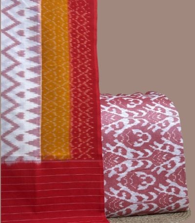 Multi-panel orange and red ikkat dupatta with intricate pink ikkat top.