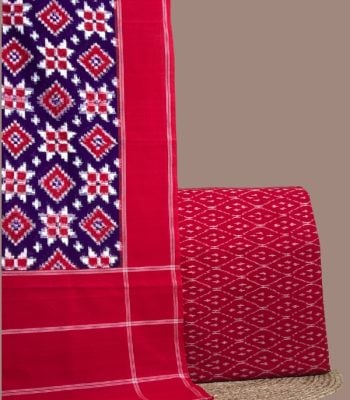 Purple teliya patola ikkat dupatta with red border and red ikkat top.