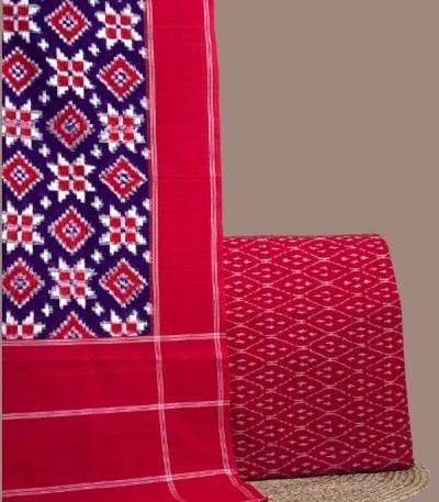Purple teliya patola ikkat dupatta with red border and red ikkat top.