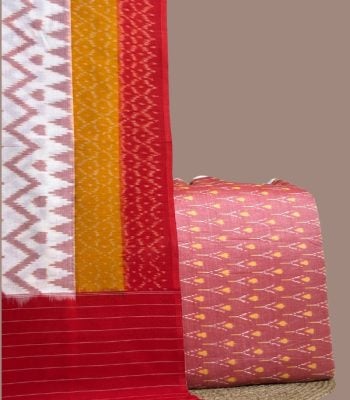 Multi-panel orange and red ikkat dupatta with pink ikkat top and yellow motifs.