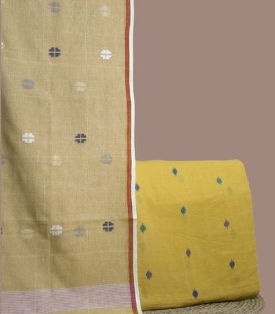 Beige handloom jamdani buti dupatta with yellow multicolour jamdani buti woven top.