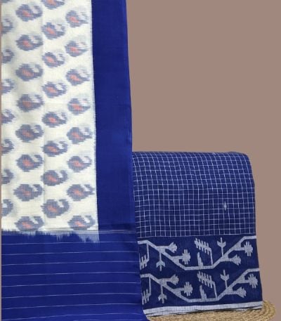White paisley ikkat dupatta with blue check top and intricate jamdani woven border.