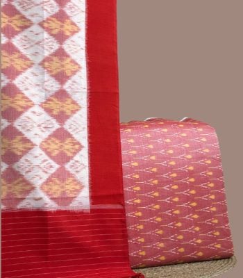 White and pink diamond ikkat dupatta with red border