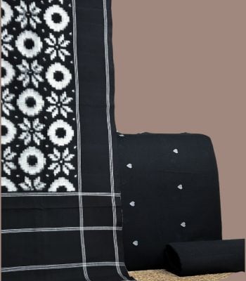 Black teliya ikkat dupatta with jamdani buti woven top and plain handloom bottom.