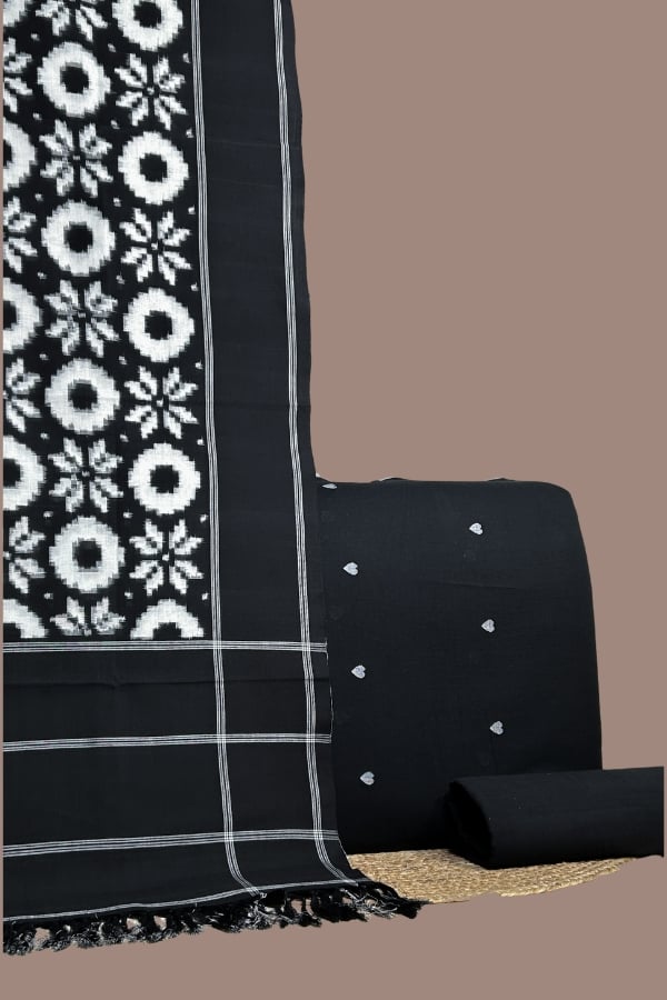 Black - 3pc Teliya Ikkat Dupatta with Handloom Jamdani Woven Top & Handloom Solid Bottom Set Black teliya ikkat dupatta with jamdani buti woven top and plain handloom bottom.