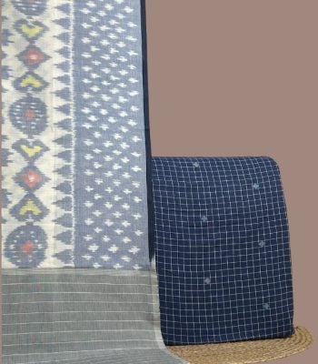 Pochampally ikkat dupatta with navy check top featuring woven jamdani butis.