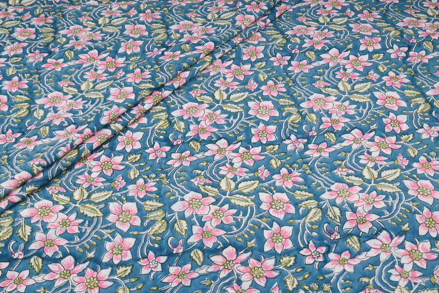 Steel Blue Pink Floral Jaal Pure Soft Cotton HandBlock Printed Fabric Authentic HandBlock Sanganeri Printed