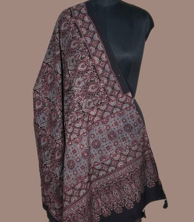 Black Ajrakh dupatta with madder red and grey floral jaal