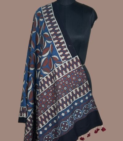 Indigo blue Ajrakh dupatta with bold leaf motifs