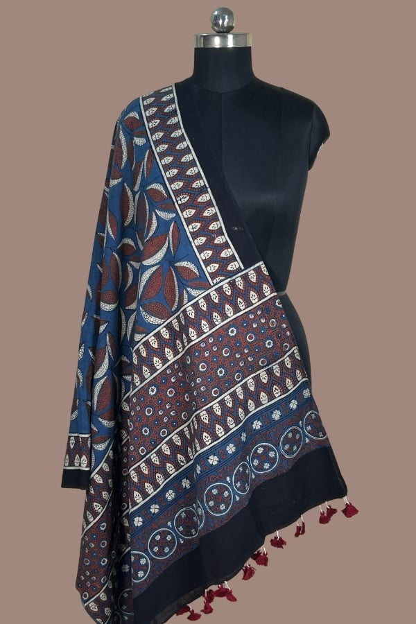 Indigo Madder Leaf Ajrakh HandBlock Printed Pure Cotton Dupatta Indigo blue Ajrakh dupatta with bold leaf motifs