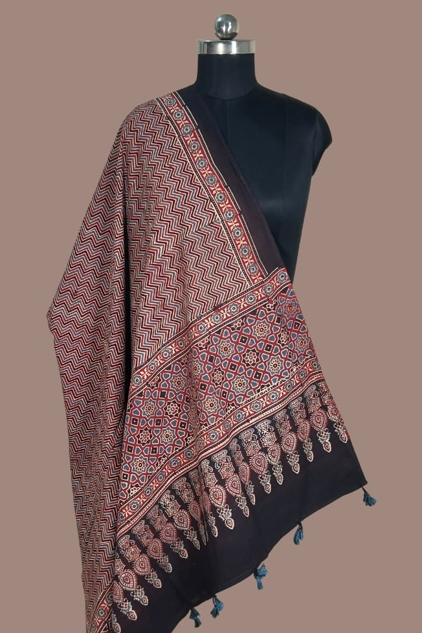 Madder Red Chevron Ajrakh HandBlock Printed Pure Cotton Dupatta Madder red and cream chevron Ajrakh dupatta with star lattice pallu