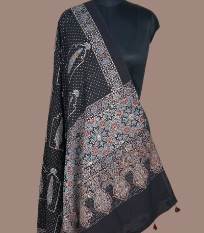 Black Ajrakh dupatta with white dot buti and framed tree motifs