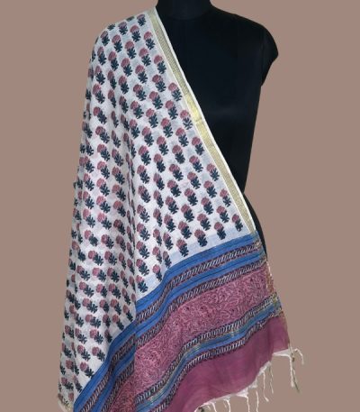 White dupatta with pink and navy floral butis