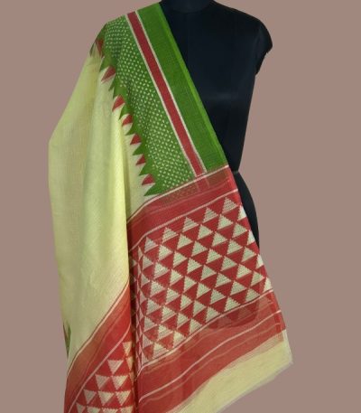 Lemon cream Kota Doria dupatta with green and red temple triangle border and red triangle pallu. Authentic Kota Doria Weave with HandBlock Print
