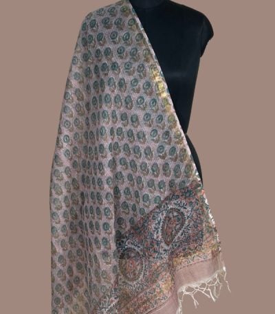 Blush pink Kota Doria dupatta with teal and olive floral butis