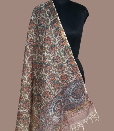 Ivory Kota Doria dupatta with rust rose and olive leaf jaal and teal medallion pallu. Authentic Kota Doria Weave with HandBlock Print