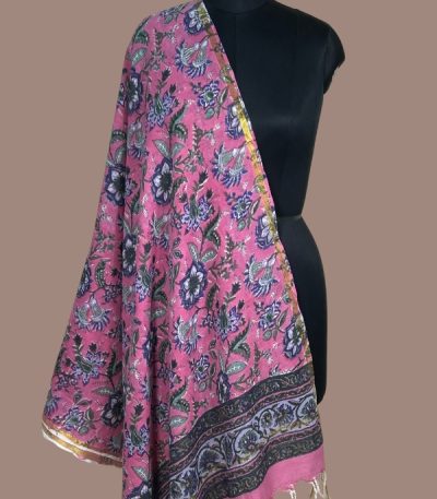 Rose pink dupatta with purple florals and perched birds