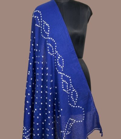 Royal blue bandhani cotton dupatta with white wave dot pattern and tassels. Authentic Hand Tie Dye Bandhani