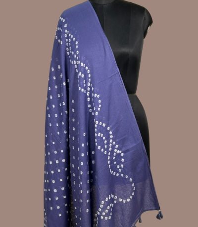 Slate blue bandhani cotton dupatta with white wave dot pattern and tassels. Authentic Hand Tie Dye Bandhani
