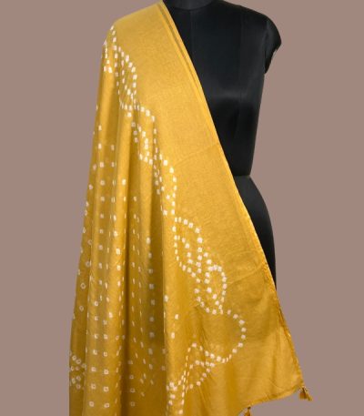 Mustard yellow bandhani cotton dupatta with white wave dot pattern and tassels. Authentic Hand Tie Dye Bandhani