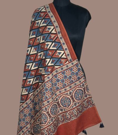 Indigo and madder red diamond geometric Ajrakh dupatta with star floral pallu