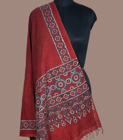Madder red Ajrakh dupatta with fine black dot jaal