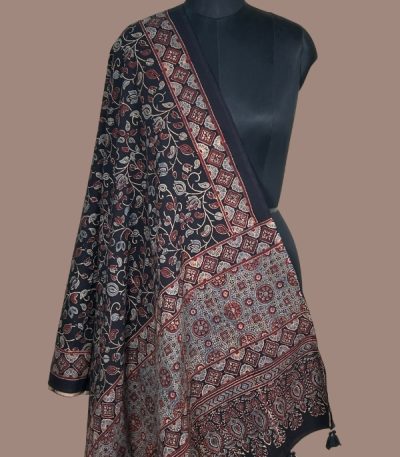 Black Ajrakh dupatta with madder red and grey floral creeper jaal