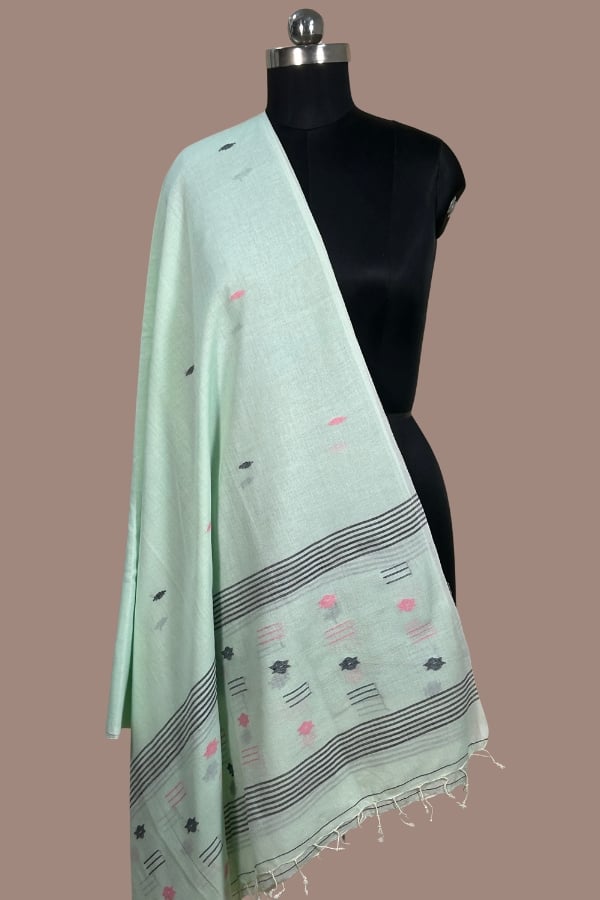 Mint green handloom dupatta with pink