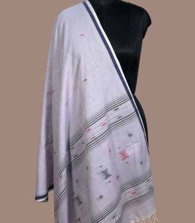 Lilac grey handloom dupatta with navy border