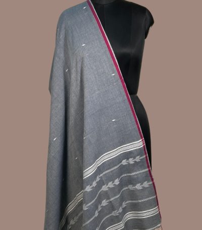 Steel grey handloom dupatta with magenta border
