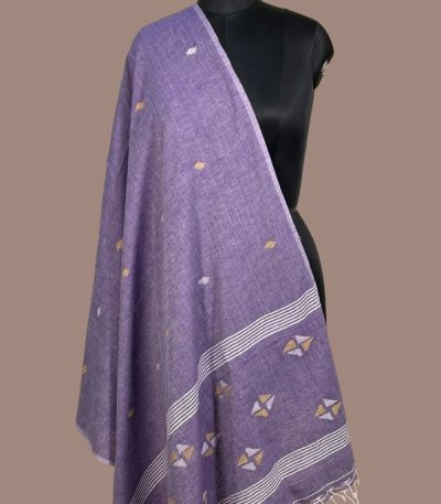 Violet melange handloom dupatta with mustard and white kite motifs and striped pallu. Authentic HandLoom Woven