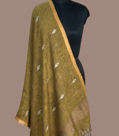 Olive mustard linen dupatta with white leaf butis