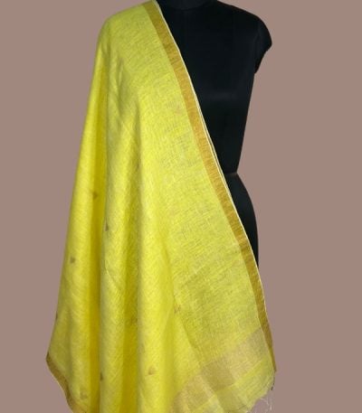 Lemon yellow linen dupatta with subtle zari butis and gold zari border and pallu. Authentic HandLoom Woven Linen