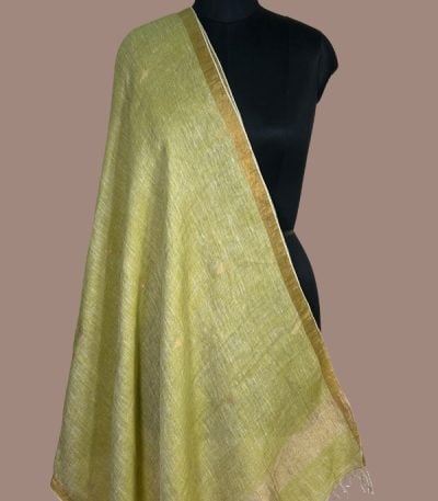 Pistachio green linen dupatta with subtle zari butis and gold zari border and pallu. Authentic HandLoom Woven Linen