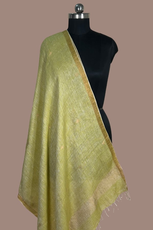 Pistachio Green Zari Buti HandLoom Linen Zari Border Dupatta Pistachio green linen dupatta with subtle zari butis and gold zari border and pallu. Authentic HandLoom Woven Linen